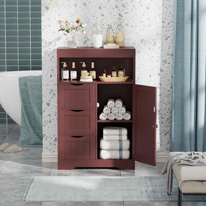Bathroom Storage Cabinet Freestanding Floor Cupboard with 1 Door and 3 Drawers for Kitchen, Living Room, Brown