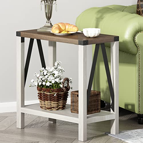 Farmhouse End Table Set of 2, Narrow Side End Table with Storage Shelf, Rustic A-Design Nightstand Sofa Table for Living Room, Bedroom(White&Brown)