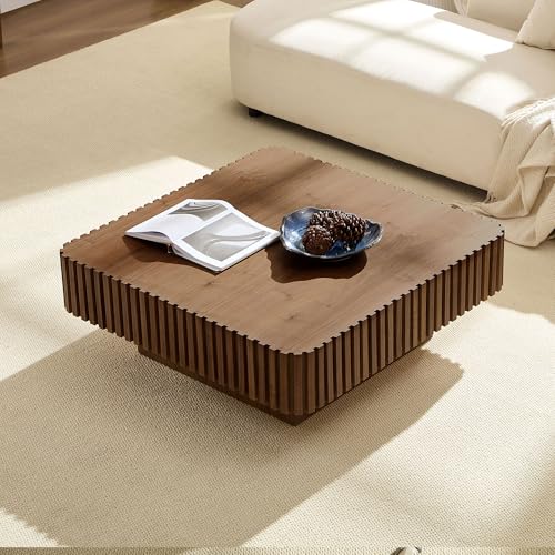 35.43" Square Coffee Table with Sturdy Base, Modern Luxury Wood Drum Center Table Accent End Side Table for Living Room, Minimalist Fluted Design, Walnut