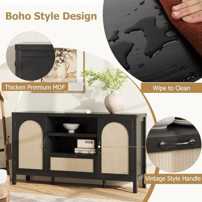 Sideboard Buffet Cabinet with Storage, 59.1" Large Rattan Storage Cabinet with Drawers, Farmhouse Coffee Bar Cabinet for Living Room, Kitchen, Entryway, Black