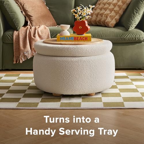 Luna Round Ottoman with Storage and Tray, Round Coffee Table with Storage, Upholstered Foot Stools Ottoman for Living Room, Bedroom, with Solid Rubberwood Legs (Pearl White Performance Boucle)