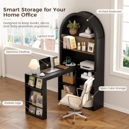 L Shaped Arched Desk with Hutch, Home Office Writing Desk (Black), view 4