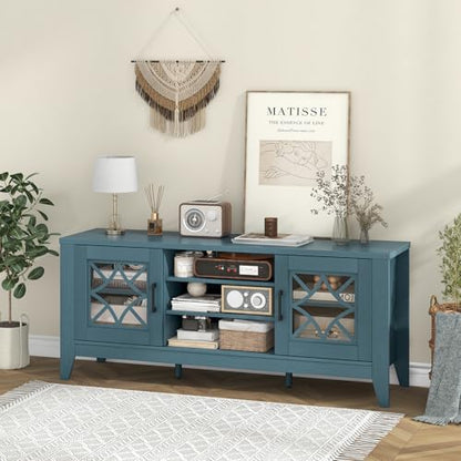 Farmhouse TV Stand for TVs Up to 65-in, Classic Media Entertainment Center w/Glass Door Cabinets & 4 Adjustable Shelves, Modern TV Console Table w/ 3 Cable Holes for Living Room (Teal Blue)