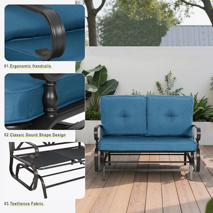 5 Pcs(6 Seats) Outdoor Metal Furniture Sets Wrought Iron Patio Conversation Sets, (Glider, 2 Single Chairs, Loveseat, and Coffee Table) with Cushion (Peacock Blue)