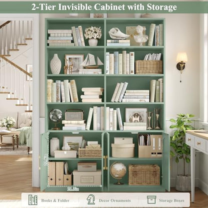Bookshelf and Bookcase with Doors, 6 Tier Double Wide Large Bookshelves, Open Display Shelves, 73'' Tall Bookshelf with Storage Cabinets for Home Office, Living Room, Library, Green