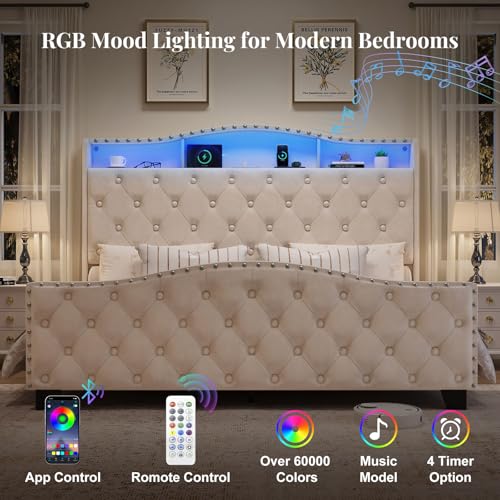 Platform Bed Frame with 50.9" LED Headboard, Queen Beige, view 5
