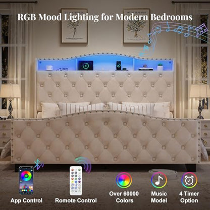 Platform Bed Frame with 50.9" LED Headboard, Queen Beige, view 5