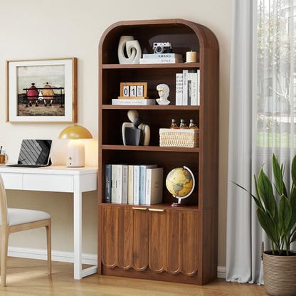 70" Tall Arched Bookshelf with Storage Cabinet, Modern 4-Tier Wood Bookcase with Scalloped Doors & Gold Handles, Open Display Shelves for Living Room, Bedroom, or Home Study Office (Walnut)