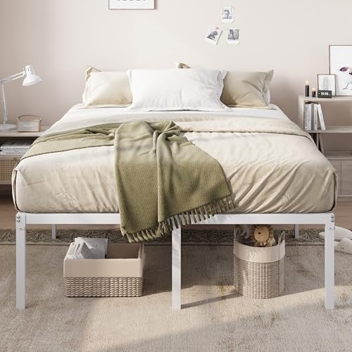 Full Size Bed Frame, 18 Inch Metal Beds with Storage Space, White, view 5