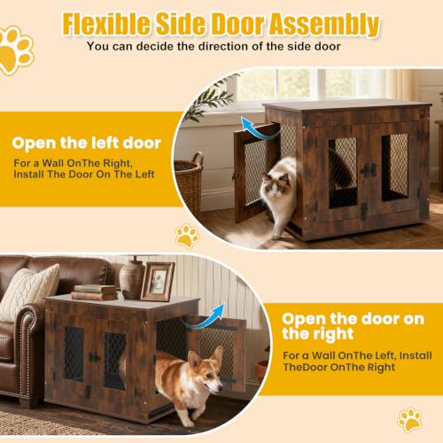 Wooden Dog Crate Furniture End Table with Metal Mesh, Rustic Brown, view 7