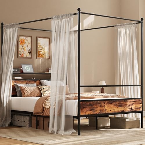 Canopy Bed Frame Queen with Storage Headboard & Charging Station, view 2