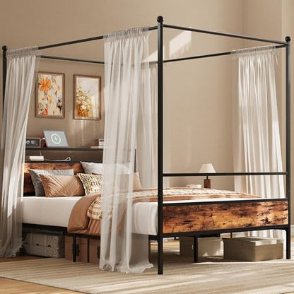 Canopy Bed Frame Queen with Storage Headboard & Charging Station, view 2