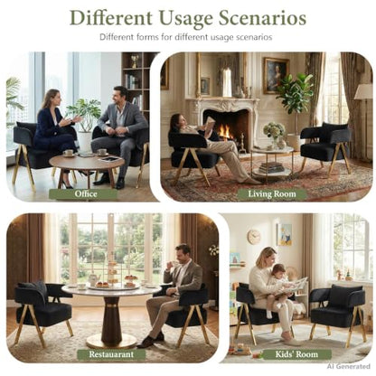 Modern Black Gold Velvet Accent Chairs Set 2, Barrel Armchairs Living Room | Comfy Reading Chairs, Living Room and Bedroom Seating, Curved Barrel Design, Gold-Tone Legs, Wide Seat, Small Space