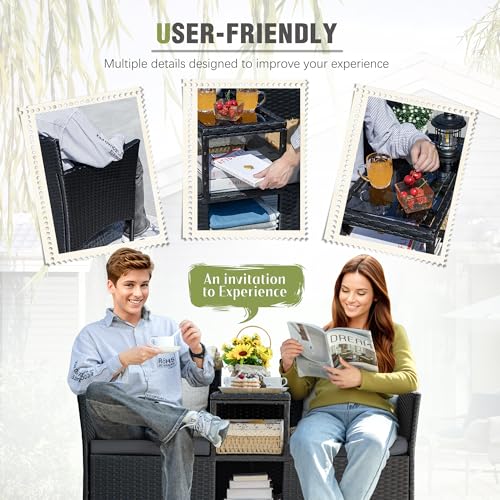 Patio Loveseat Outdoor Wicker Furniture Conversation Set with Soft Cushions & Built-in Coffee Table for Lawn Garden Backyard, Gray