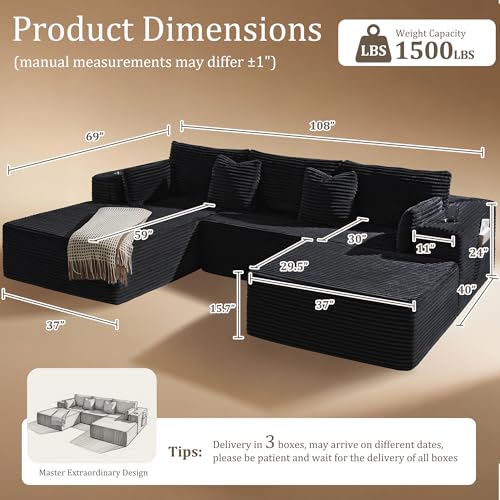 108" Oversized Cloud Sectional Couch, Comfort U Shaped Boneless Couch for Living Room, Extra Deep Seats No Assembly, Modular Sofa, Corduroy (Black, 2 Seater + Left Facing Chaise + Ottoman)