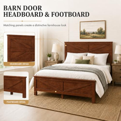 Queen Size Farmhouse Platform Bed Frame with Barn Door Headboard and Footboard, view 5