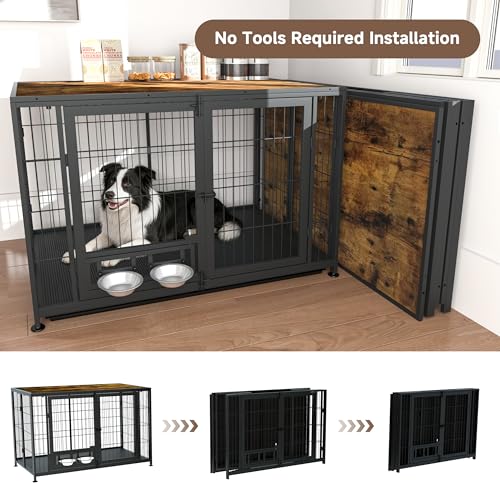 43.3" Heavy Duty Large Dog Crate with Wheels & Feeding Bowls, view 4