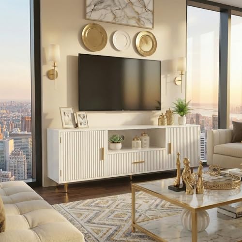 Modern Fluted TV Stand for 55/60/65 Inch TV, 57" Entertainment Center Media Console Table with Drawer & Storage Cabinets, Ribbed Design TV Cabinet Credenza for Living Room, White