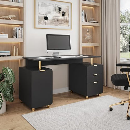 57"W Computer Desk w/ 3 Drawers & Storage Cabinet, Black/Gold, view 3