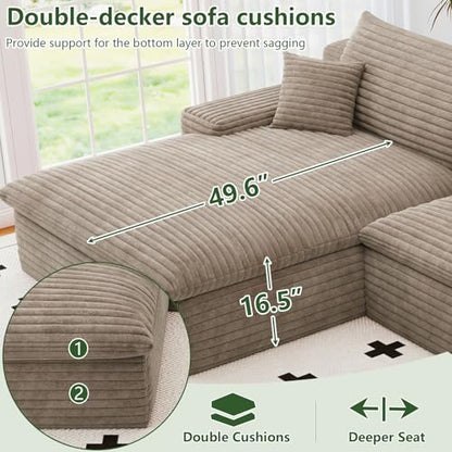 107" Cloud Couch Modular Sectional Sofa for Living Room,U-Shape Boneless Sectional Couch with Deep Seat,Modern Corduroy 3-Seater with Ottoman,Couch in a Box No Assembly(Camel,Left-Facing Chaise)