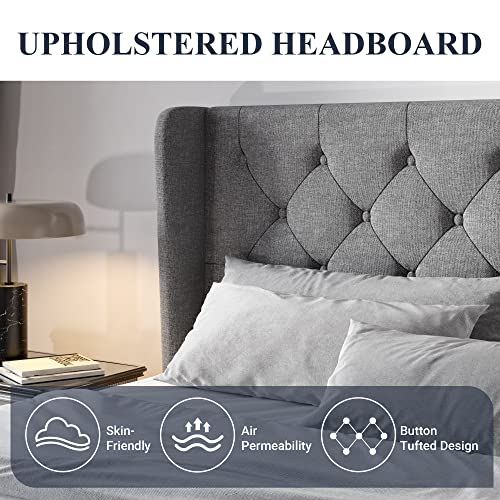 Queen Bed Frame with Button Tufted Wingback Headboard, Light Grey, view 5