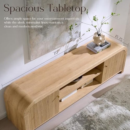 70" Modern Fluted TV Stand with Storage, Natural Oak, view 5