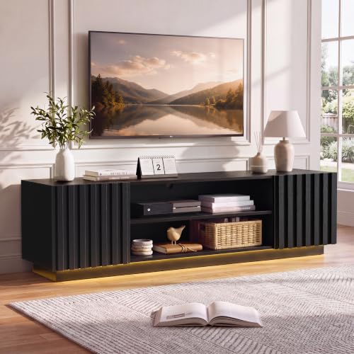 Mid Century TV Stand for TVs up to 80 Inches,Power Outlet, Black, view 2