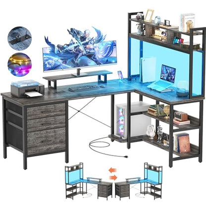 L Shaped Desk with Hutch, Gaming Desk with Led Lights, Reversible Computer Desk with Power Outlet, Corner Desk with File Drawer & Monitor Stand, Storage Shelves for Home Office, Black Oak