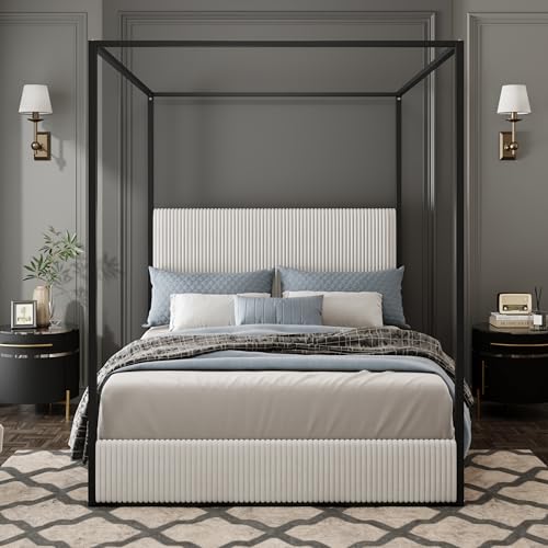 Luxury King Metal Canopy Bed with Tall Upholstered Headboard, White, view 4
