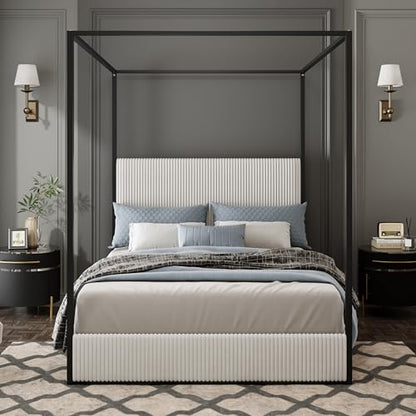 Luxury King Metal Canopy Bed with Tall Upholstered Headboard, White, view 4