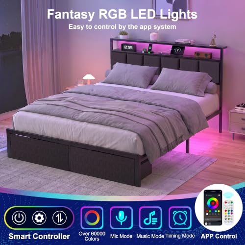 Queen Bed Frame with Storage Drawers, Charging Station and LED Lights, view 5