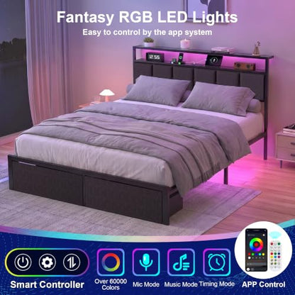 Queen Bed Frame with Storage Drawers, Charging Station and LED Lights, view 5