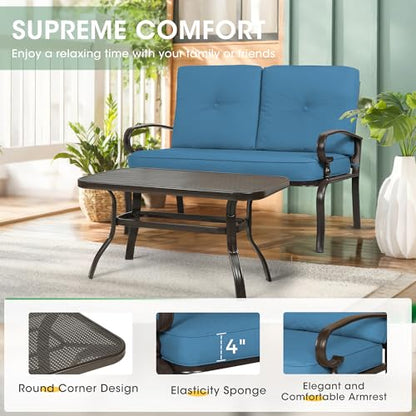 5 Pcs(6 Seats) Outdoor Metal Furniture Sets Wrought Iron Patio Conversation Sets, (Glider, 2 Single Chairs, Loveseat, and Coffee Table) with Cushion (Peacock Blue)