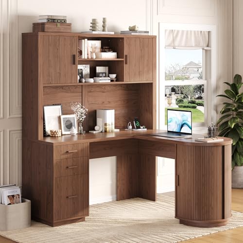 70.87“H L Shaped Executive Desks with Hutch, Study Desk, Walnut, view 2