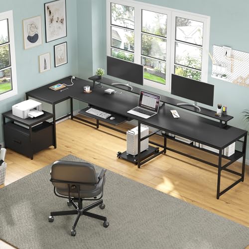U Shaped Desk,101.5''Reversible L Shaped Home Office Desk with Drawer & Power Outlet,Computer Two Person Desk with Monitor Shelf, Keyboard Tray, Black