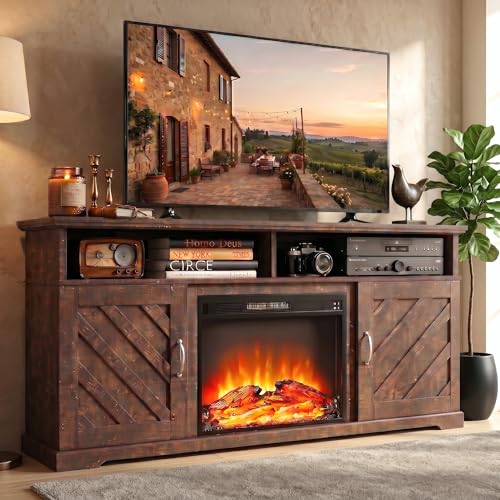 Fireplace TV Stand for 70 inch TV, Farmhouse Entertainment Center with Storage, view 2