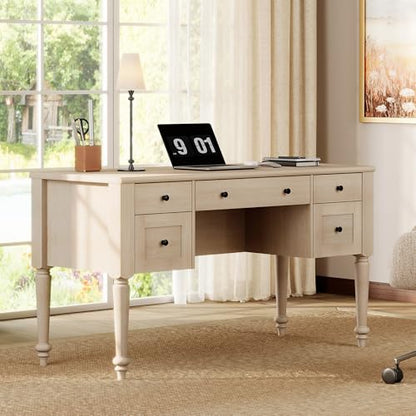 WAMAPT Farmhouse Executive Desk with 5 Drawers, Home Office Desk with Charging Station, Wood Computer Desk with File Cabinet Storage, Door, Open Shelf for Work and Study, Light Oak, 55 inch