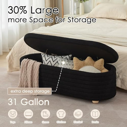 53" Storage Bench Teddy Ottoman Bench Upholstered Fabric Bench End of Bed Stool with Safety Hinge for Bedroom, Living Room, Entryway, Black
