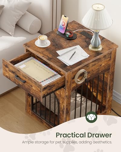 Dog Crate Furniture, Wooden Dog Kennel with Charging Station and Storage Drawer, view 5