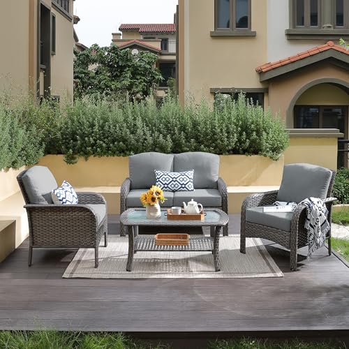 4-Piece Wicker Patio Furniture Set, All-Weather Rattan Conversation Bistro Loveseat Chair and Table Set for Backyard, Balcony and Deck with Soft Cushions and Metal Table(Dark Gray)