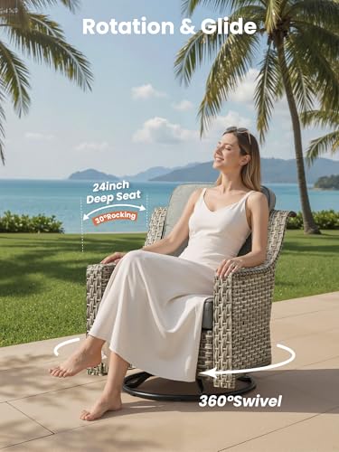 5 Piece Outdoor Patio Furniture with 3 Seat Sofa,Rattan Wicker Coversation Set with Swivel Rocking Chair,Balcony Sofa Set with Shiny Table for Outside Porch Backyard Pool, Dark Grey