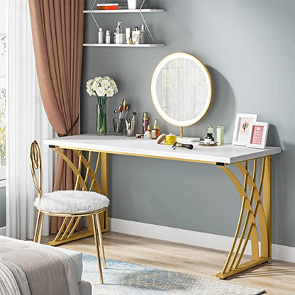 55’’ Large Modern Computer Desk, White & Gold Luxury Laptop PC Student Table, Makeup Vanity Table with Thick Frame & Strong Legs, Sturdy Writing Workstation for Home & Office