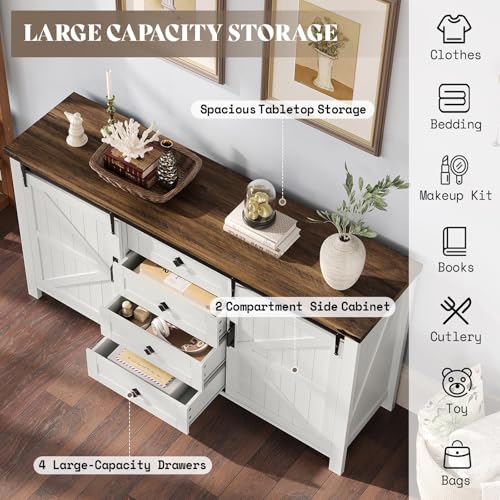 60" Farmhouse 4-Drawer Dresser with Barn Doors, Distressed White, view 4