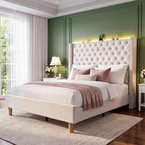 Queen Upholstered Bed Frame with RGB LED Lights and Charging Station, view 2
