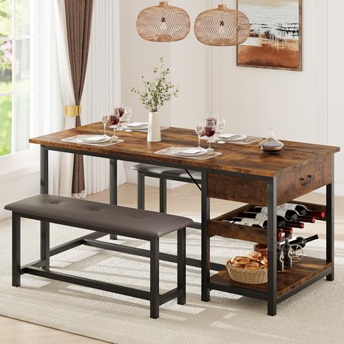 Dining Table Set for 4, Dining Room Table with Storage Drawers & Wine Rack, Kitchen Dining Table Set with Upholstered Benches for Dining Room-Retro Brown