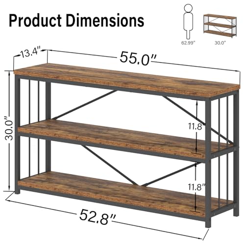Industrial Console Entryway Table, Metal Wood Rustic Sofa Table with Storage, Farmhouse 3 Tier Shelf Long Hallway Foyer Entry Tables Behind Couch for Home Living Room Entryway, Rustic Brown, 55 In
