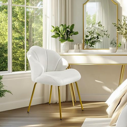 Yaheetech Vanity Chair, Velvet Accent Chair with Shell-Shaped Backrest, Modern Armchair with Gold Metal Legs for Dressing Room/Bedroom/Living Room, White