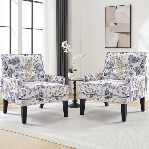 Floral Accent Chair Set of 2 with Lumbar Pillow,Upholstered Wingback Reading Armchair with Nailhead Trim, Mid-Century Single Sofa Chair for Living Room, Bedroom, Blue Floral