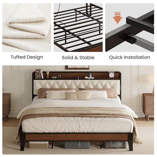 King Size Bed Frame with Headboard and Charging Station, Walnut, view 7
