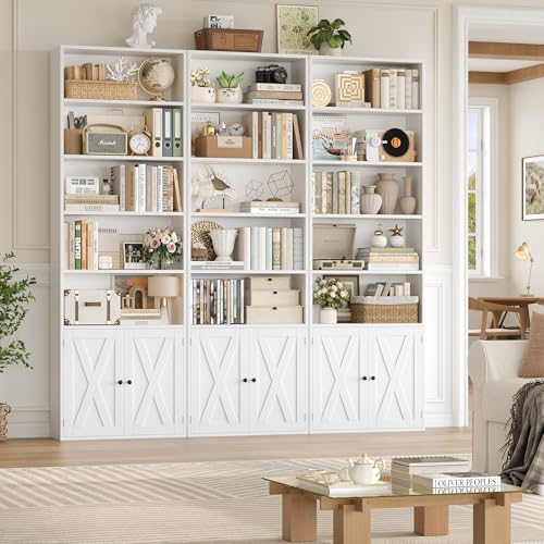 82" Tall Bookcase and Book Shelf, 24" Wide Bookshelf with Doors, 7 Tier Bookcase with Storage and Adjustable Shelf, Open and Display Farmhouse Bookshelf for Living Room, Home Office, White